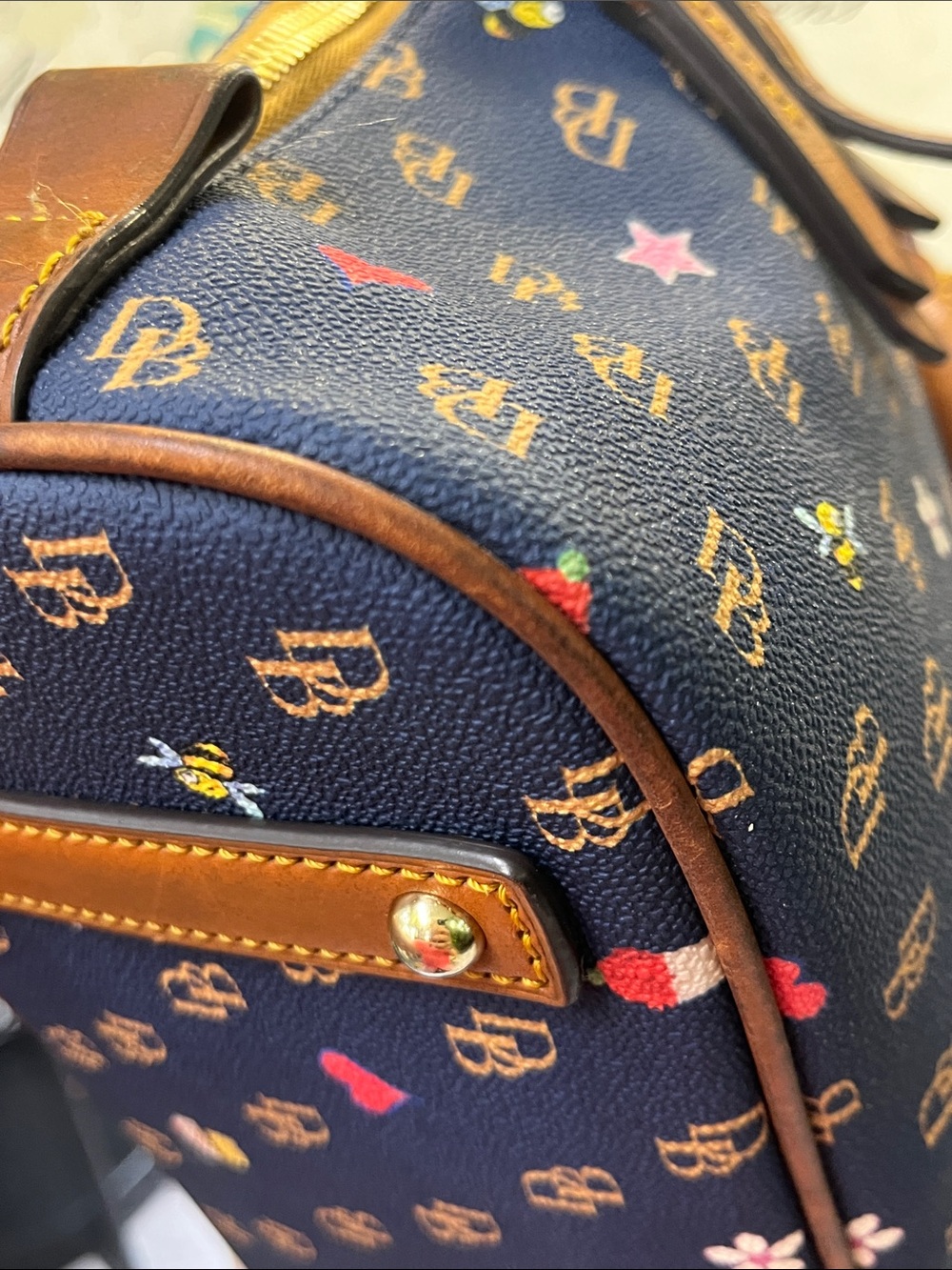 Dooney & Bourke Navy Satchel with Brown Trim and Multicolor Motifs - Picture 6 of 14